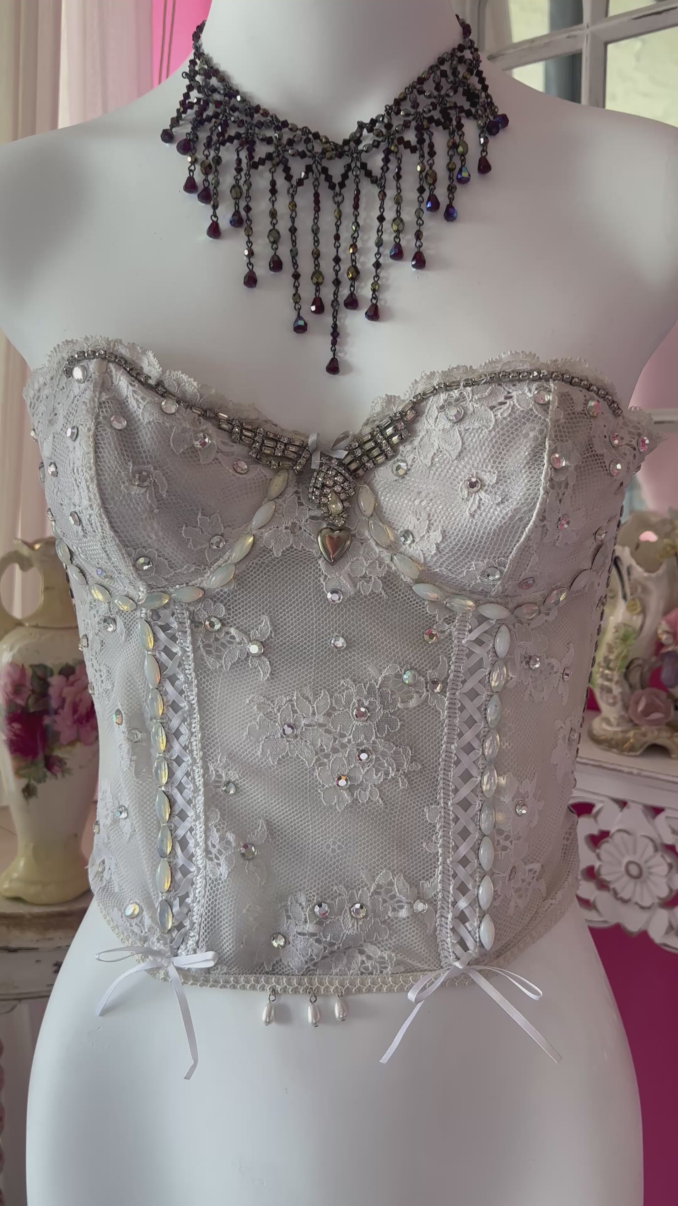 70s White Lace Upcycled Rhinestone Beaded One Of A Kind Corset