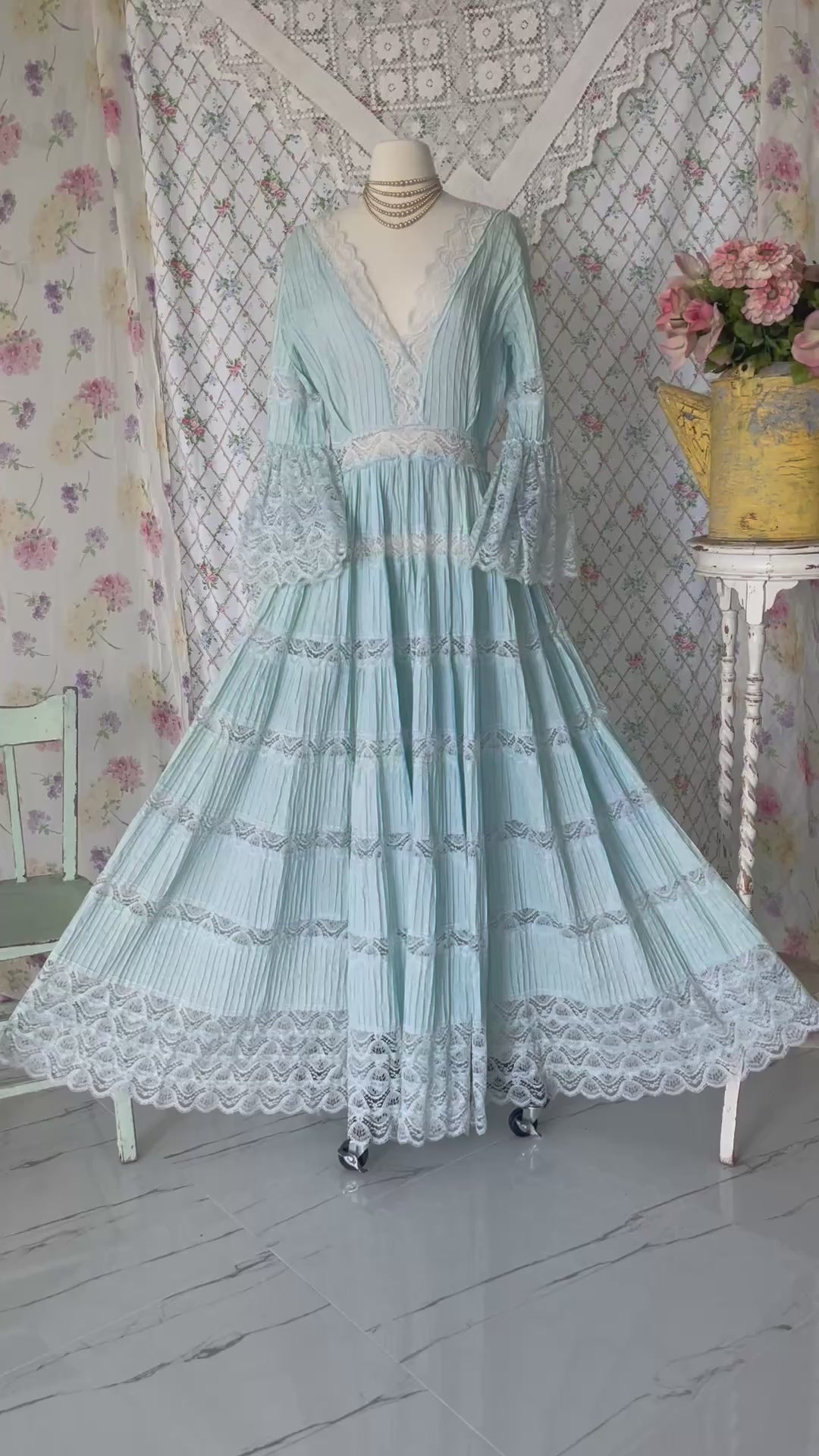 60s Mexican Aqua Wedding Pintuck Lace Dress