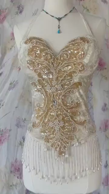 50s Show Girl White Gold Sequin Beaded Pearlized Fringed Velvet Corset