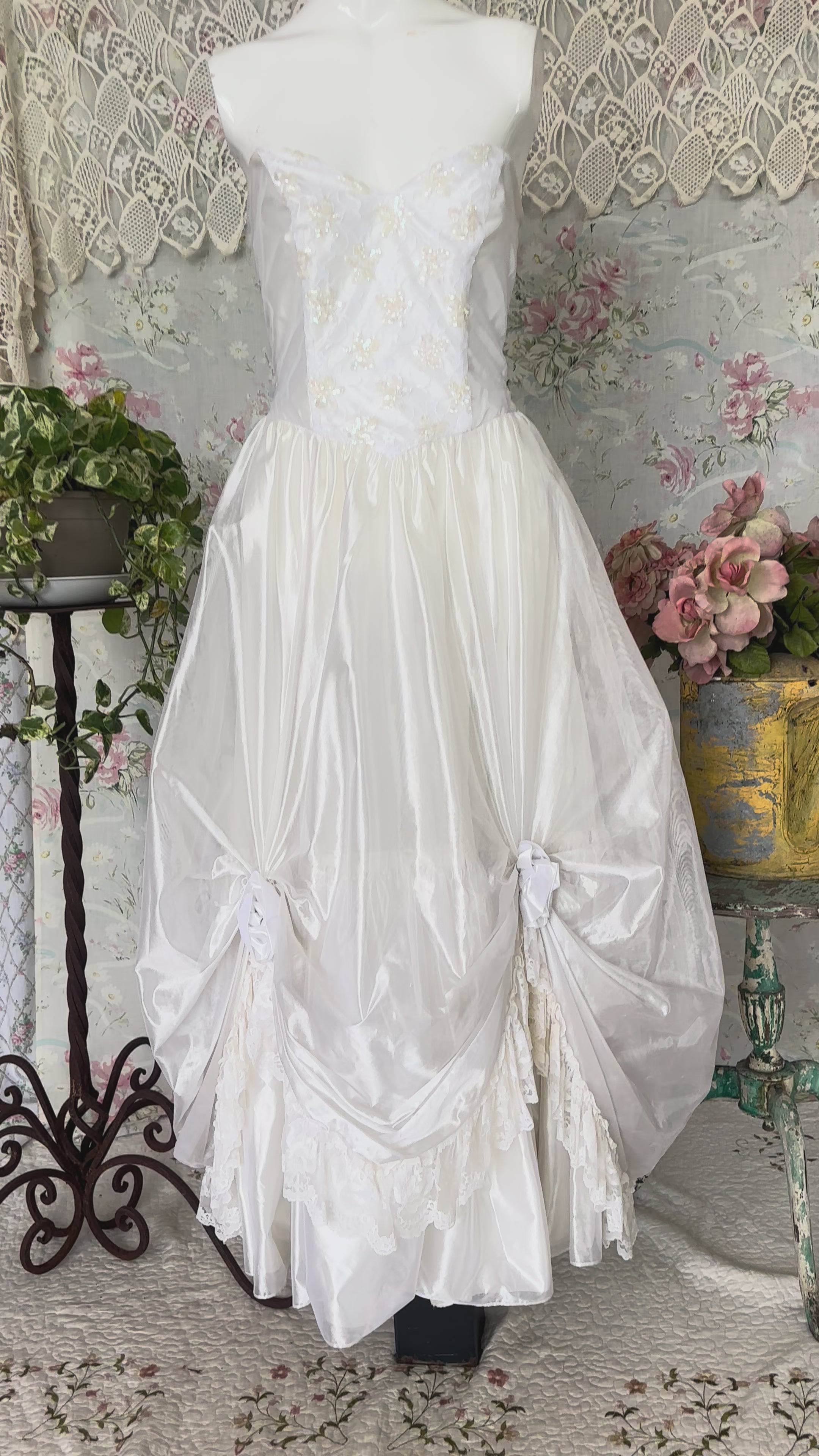 70s White Shimmery Victorian Revival Wedding Dress