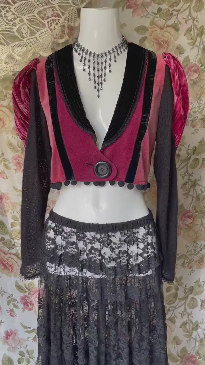 70s Steampunk Velvet Cropped Jacket Crochet Back