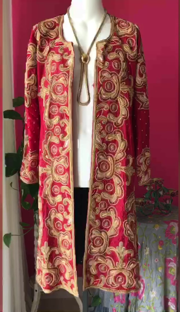 70s Red and Gold Heavily Beaded Batik Jacket