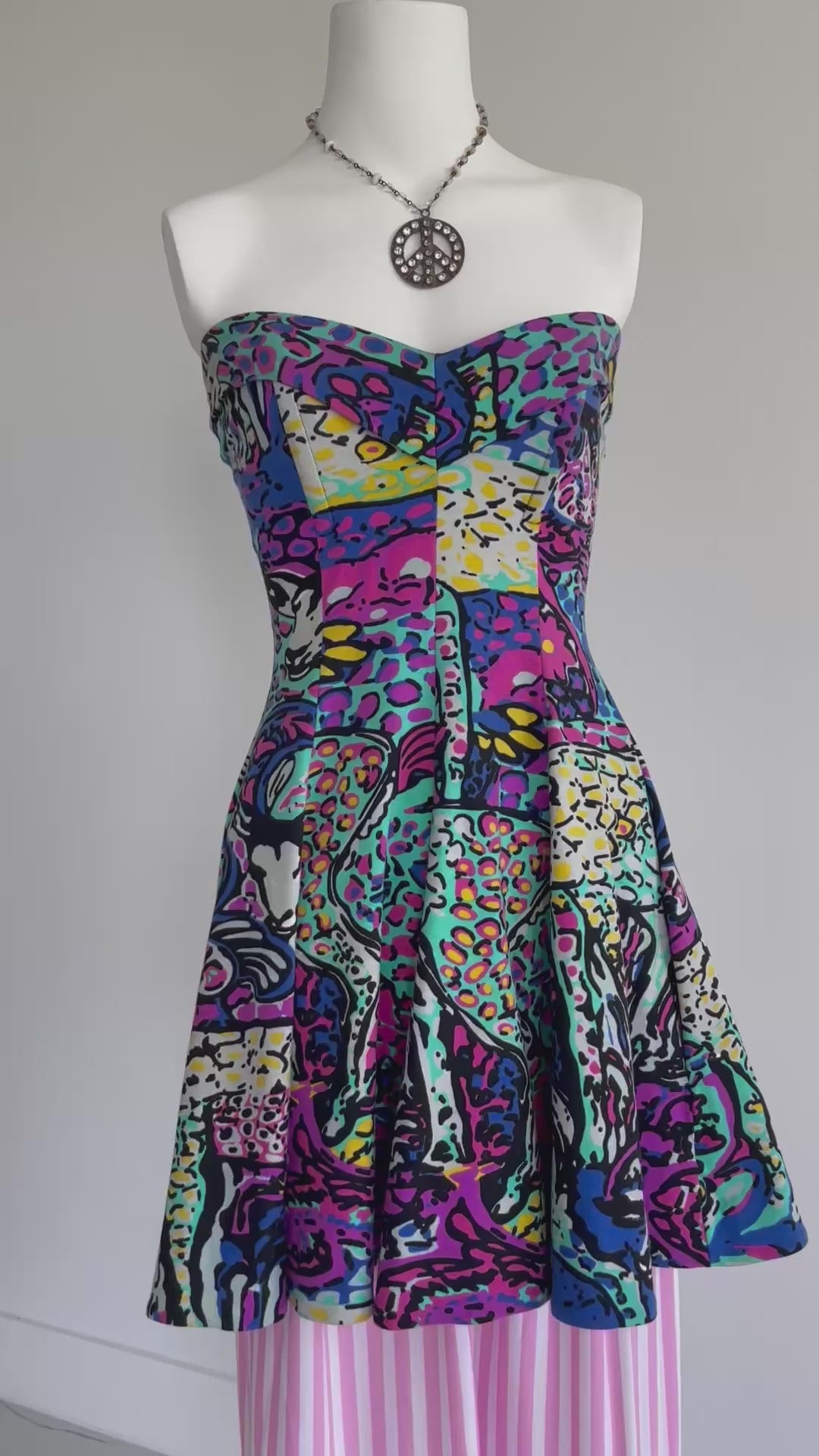 80s Betsy Johnson Strapless Bold Print Mini Fit and Flare Dress