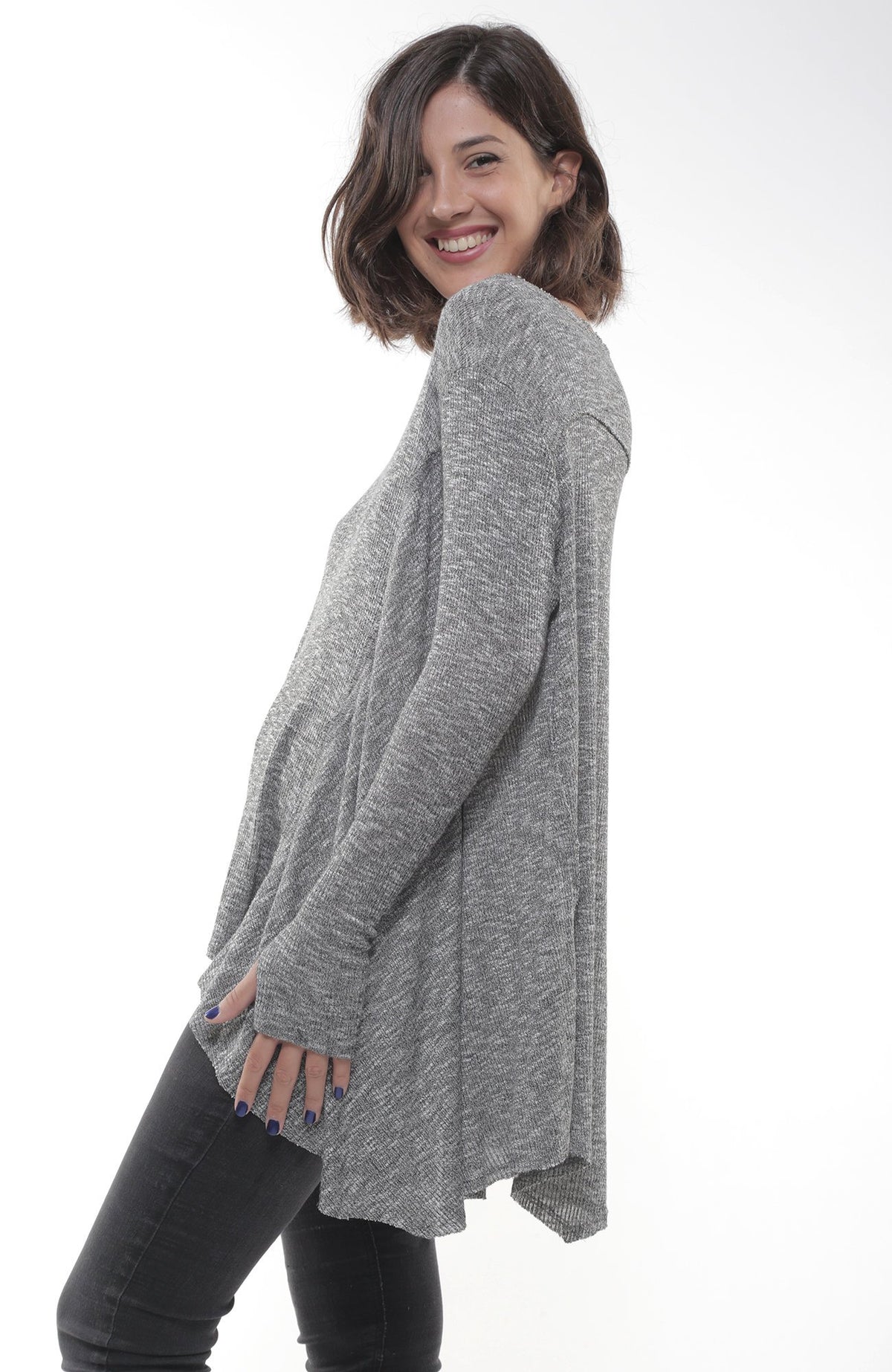 CHARLIE Grey Ribbed Flare Thumbhole Top